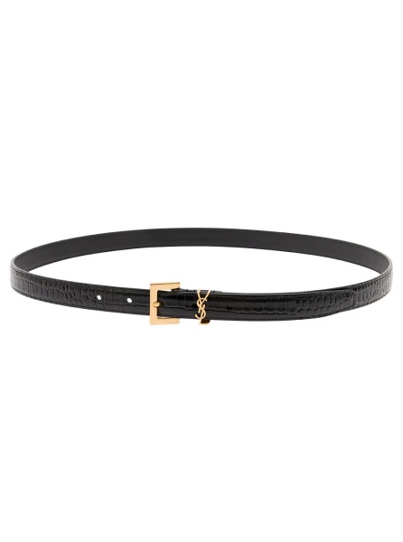 Curea Thin Belt 'Cassandre' in Crocodile-embossed Leather Black Woman