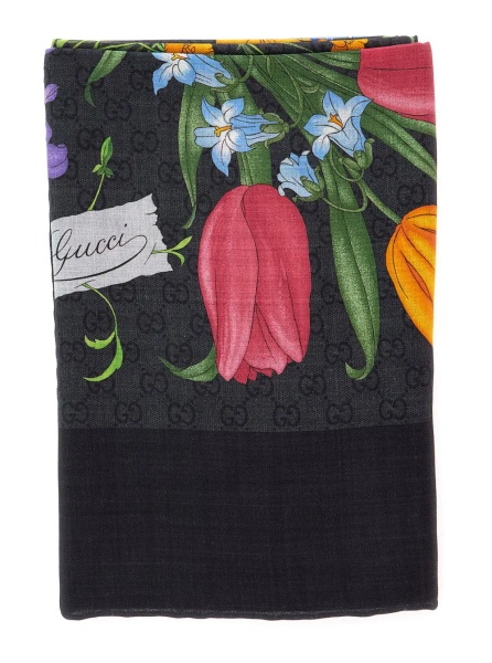 Esarfa black Scarf with floral print and all-over GG in wool and silk for women