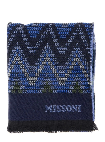 Esarfa blue Scarf with all-over Zig Zag motif and logo lettering in wool for men