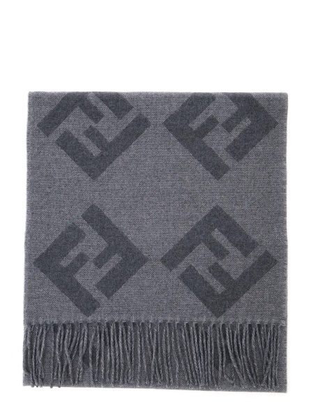 Esarfa Grey Fringed Edge Scarf with All-Over FF Logo in Wool Men