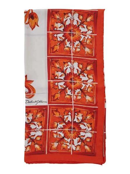 Esarfa Orange Square Scarf with All-Over Majolica Print in Silk for Women