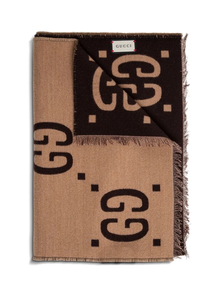 Esarfa Scarf with GG Logo in Wool and Silk beige and brown for women