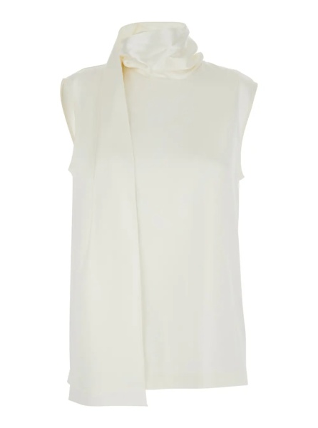 Esarfa White Sleeveless Top with Scarf Detail with Buttons in Stretch Silk for Women