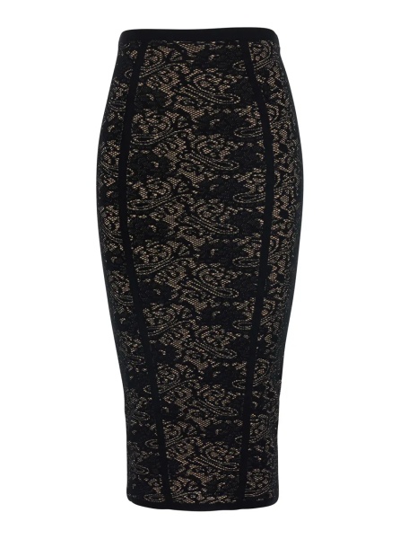 Fusta Black Midi skirt with elasticated waist and all-over lace embroidery in viscose blend for women