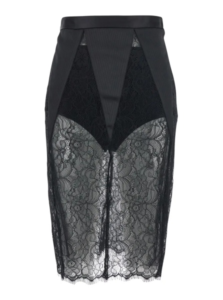 Fusta Black pencil skirt with lace embroidery and back closure in fabric for women