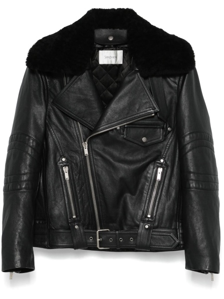 Geaca biker Saint Laurent neagra din piele si blana