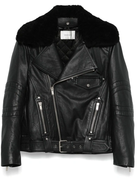 Geaca biker Saint Laurent neagra din piele si blana