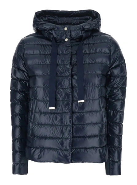 Geaca de Iarna Blue Hooded Puffer Jacket with Drawstring and Logo Detail on Drawstring in Tech Fabric for Women