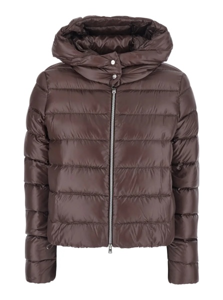 Geaca de Iarna Brown Short Down Jacket with Hood and Metal Plate on the Back in Tech Fabric Woman