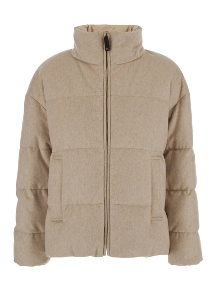 Geaca de Iarna 'DIVINA' Beige Down jacket with high collar and reversible design in cashmere and Tech Fabric for women