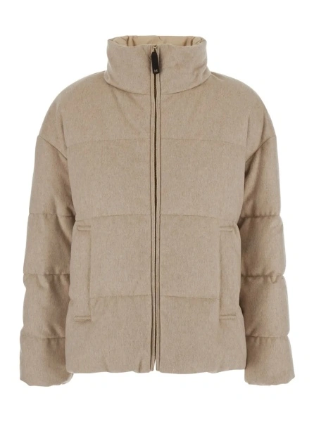 Geaca de Iarna 'DIVINA' Beige Down jacket with high collar and reversible design in cashmere and Tech Fabric for women