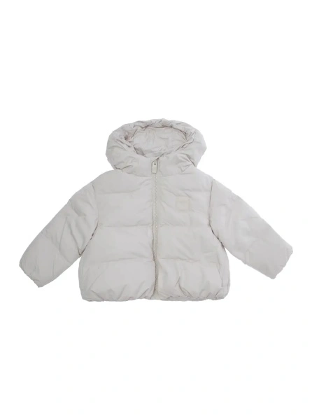 Geaca de Iarna White Down jacket with fixed hood and logo patch on the front in Tech Fabric baby