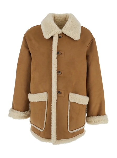 Geaca de Piele Beige Reversible Shearling Jacket with Classic Collar and Two Front Patch Pockets in Ecofur Man