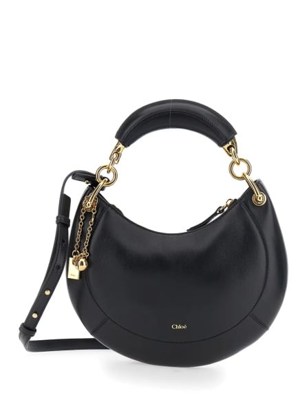 Geanta de mana 'Banana' Black Handbag with Adjustable and Removable Shoulder Strap and Logo Charm on the Front in Leather for Women