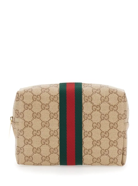 Geanta de mana Beige Pouch with all-over GG motif and Web detail in fabric for women