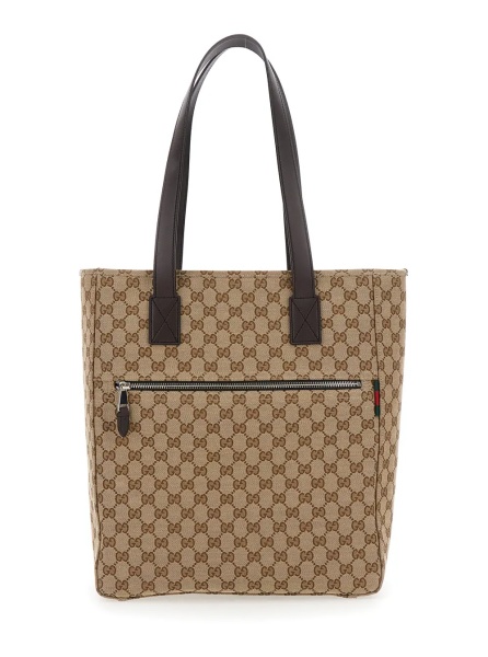 Geanta de mana Beige Tote Bag with Two Top Leather Handles and Front Zip Pocket in GG Canvas Man
