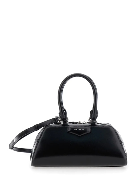 Geanta de mana Black Antigona East West' Mini Handbag with Adjustable and Removable Shoulder Strap and Logo Lettering on the Front in Leather for Women