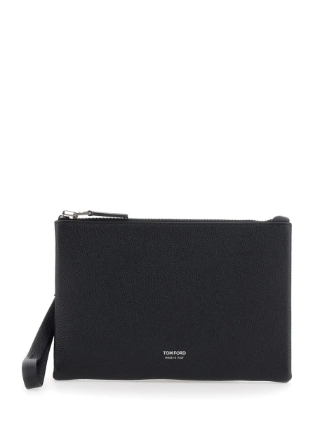 Geanta de mana Black Clutch with wrist strap and Logo lettering on the front in leather for men