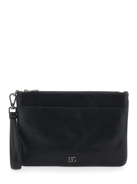Geanta de mana Black Clutch with Wrist Strap and Logo Plate in Leather for Men