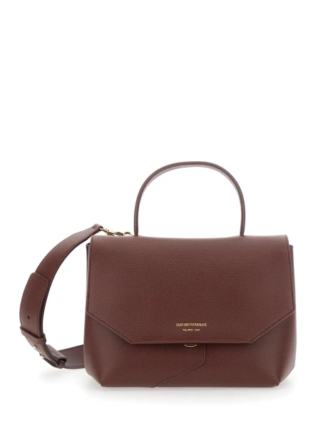 Geanta de mana Brown Handbag with adjustable and removable shoulder strap and Logo lettering on the front in leather for women