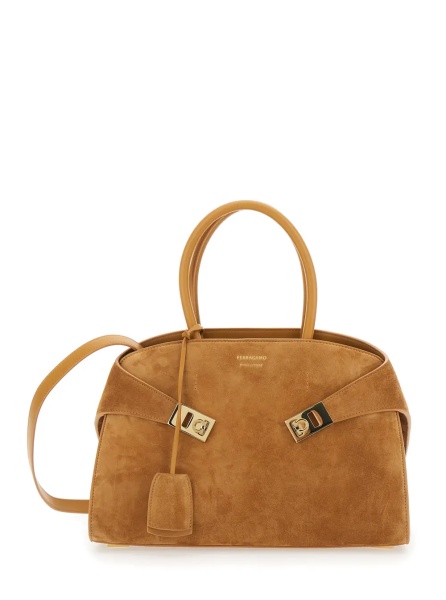Geanta de mana Handbag 'Hug Small' with Logo and Gancini Buckles on the Front in Suede Beige Woman