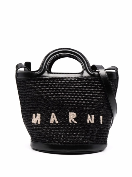 Geanta de mana Marni neagra din piele si paie