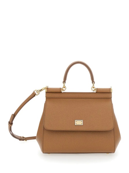 Geanta de mana 'My Sicily' Medium Brown Handbag with Logo Plate on Front in Grained Leather for Women