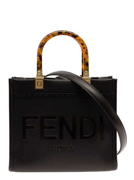 Geanta de mana Tote Bag 'Sunshine Small' with Embossed Logo and Tortoiseshell Effect Handle in Black Leather for Women