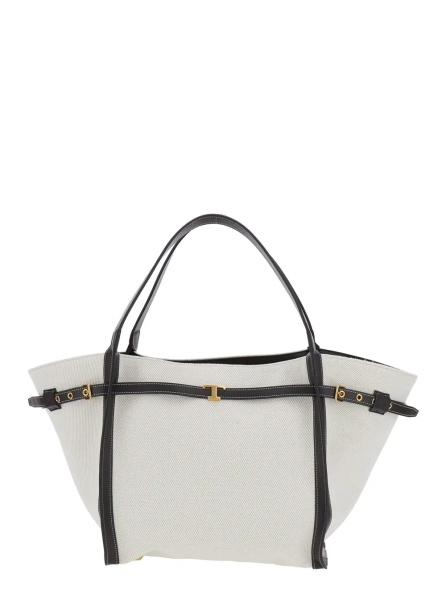 Geanta de mana White Cotton Blend Tote Bag with Leather Strap for Women