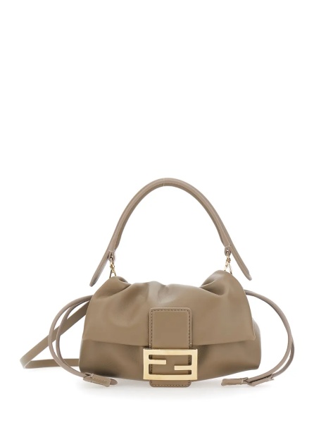 Geanta de umar 'Baguette Soft' Beige Small Shoulder bag with FF plate on the Front and Drawstring Closure in Leather for Women