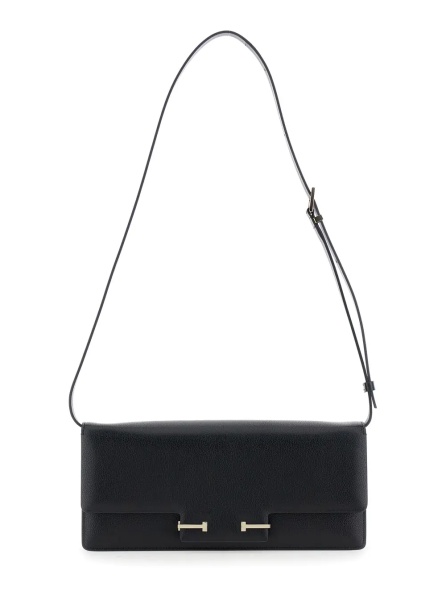 Geanta de umar Black Crossbody Bag with Adjustable Shoulder Strap and T Plaque Closure in Grained Leather Woman