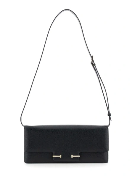 Geanta de umar Black Crossbody Bag with Adjustable Shoulder Strap and T Plaque Closure in Grained Leather Woman