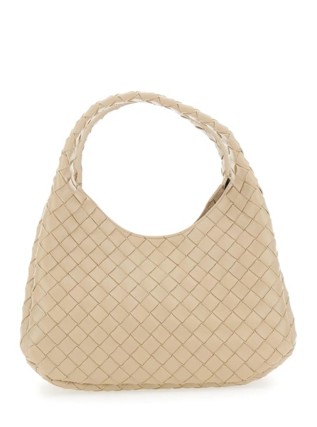 Geanta de umar 'Campana' Beige Small Shoulder Bag with Drawstring Closure and Intreccio Motif in Leather for Women