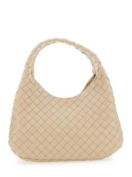 Geanta de umar 'Campana' Beige Small Shoulder Bag with Drawstring Closure and Intreccio Motif in Leather for Women