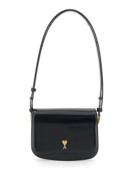 Geanta de umar 'Paris Paris' Black Shoulder Bag with Adjustable Strap and ADC Plate on Front in Leather for Women