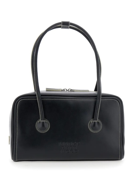 Geanta de umar 'Soft Boston' Black Small Shoulder bag with Two Top Handles and Logo lettering on the Front in Leather for Women