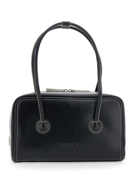 Geanta de umar 'Soft Boston' Black Small Shoulder bag with Two Top Handles and Logo lettering on the Front in Leather for Women
