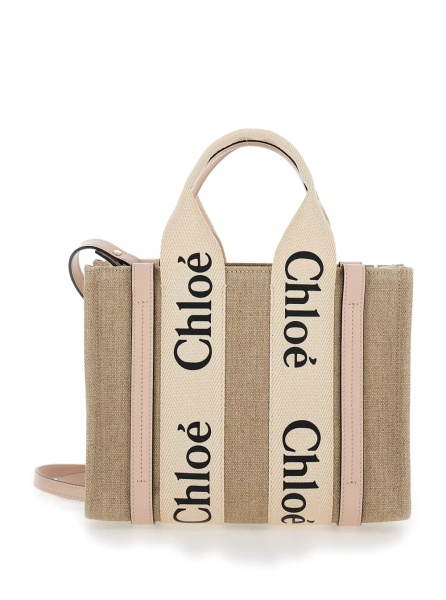 Geanta de umar Tote bag 'Woody' with Logoed Ribbons in Beige Canvas for Women