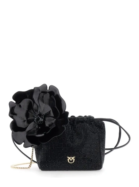 Genti Black Mini bag with removable flower and Love Birds plaque on the front in fabric for women