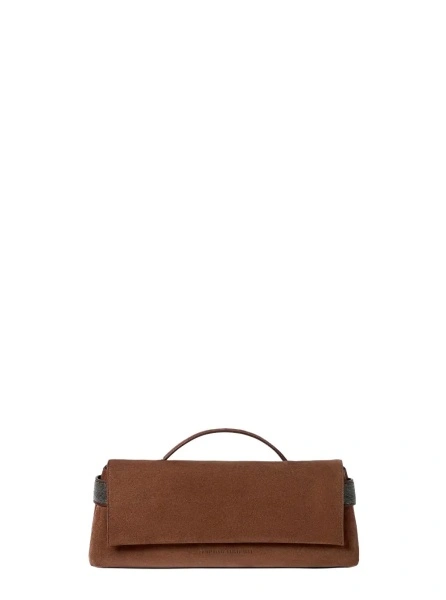 Genti Brown Clutch with top handle and Monile in suede for women