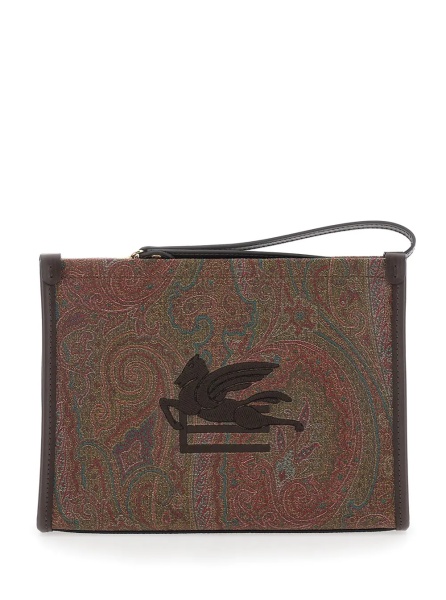 Genti Clutch 'Arnica' with Embroidered Logo on the Front and All-Over Pattern in Cotton Blend Brown Woman