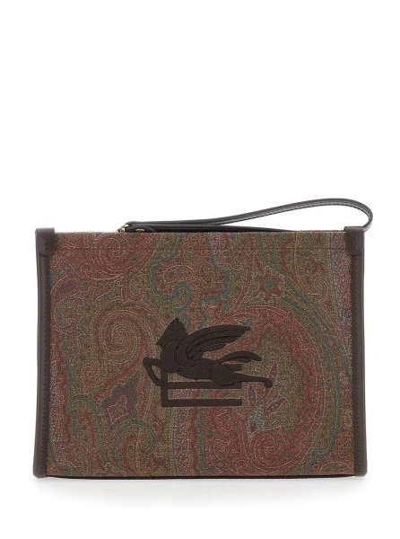 Genti Clutch 'Arnica' with Embroidered Logo on the Front and All-Over Pattern in Cotton Blend Brown Woman