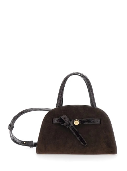Genti 'Romy' Brown Mini Bag with adjustable and removable shoulder strap and logo plaque on the front in suede for women