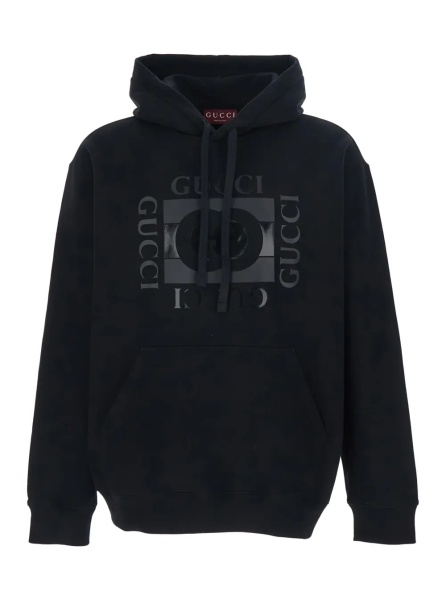 Hanorace Black Hooded Sweatshirt with Drawstring and Front Logo in Cotton for Men