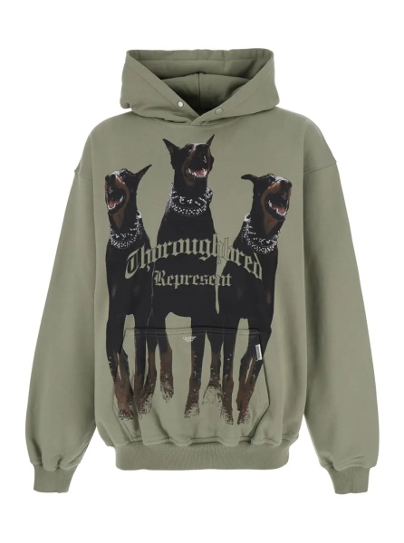 Hanorace Hooded Sweatshirt with Fixed Hood and Maxi Print on Front in Green Cotton for Men