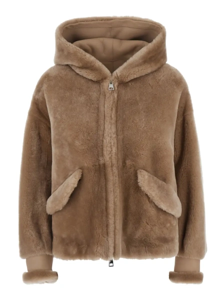 Jacheta beige Jacket with fixed hood and side pockets in fur for women
