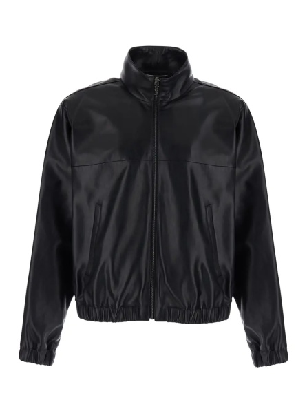 Jacheta Black High Collar Jacket with Front Zip Closure and Cassandre Plaque on Zipper Pull in Leather for Men