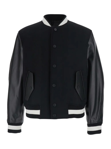 Jacheta black Jacket with bi-color details and patch on the back in leather and fabric for men