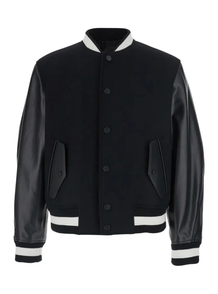 Jacheta black Jacket with bi-color details and patch on the back in leather and fabric for men