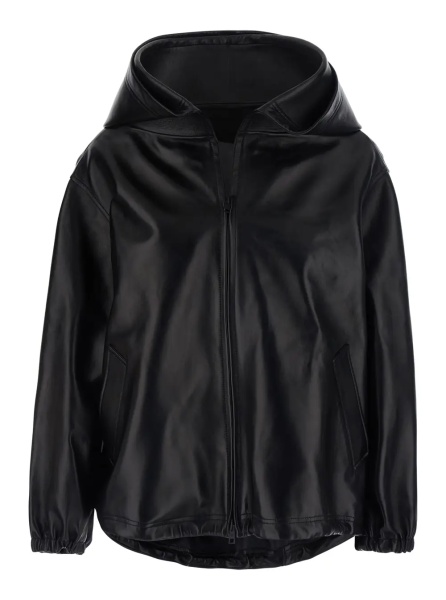 Jacheta Black Jacket with hood and Dropped shoulders in leather for women